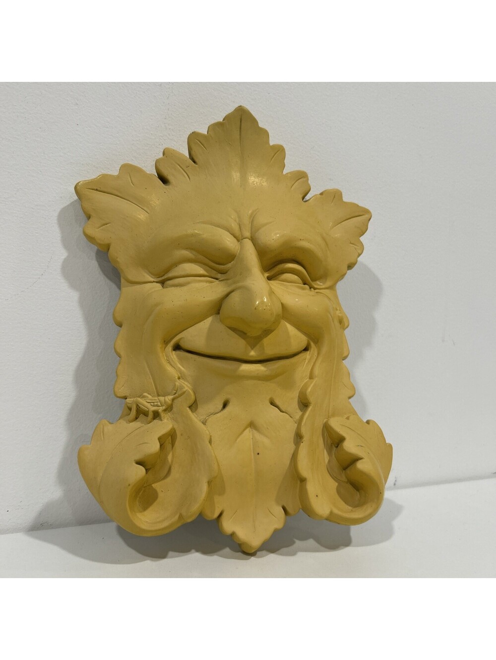 Vintage George Carruth Signed Cement Garden Winking Smile Leaf Face Plaque 10”